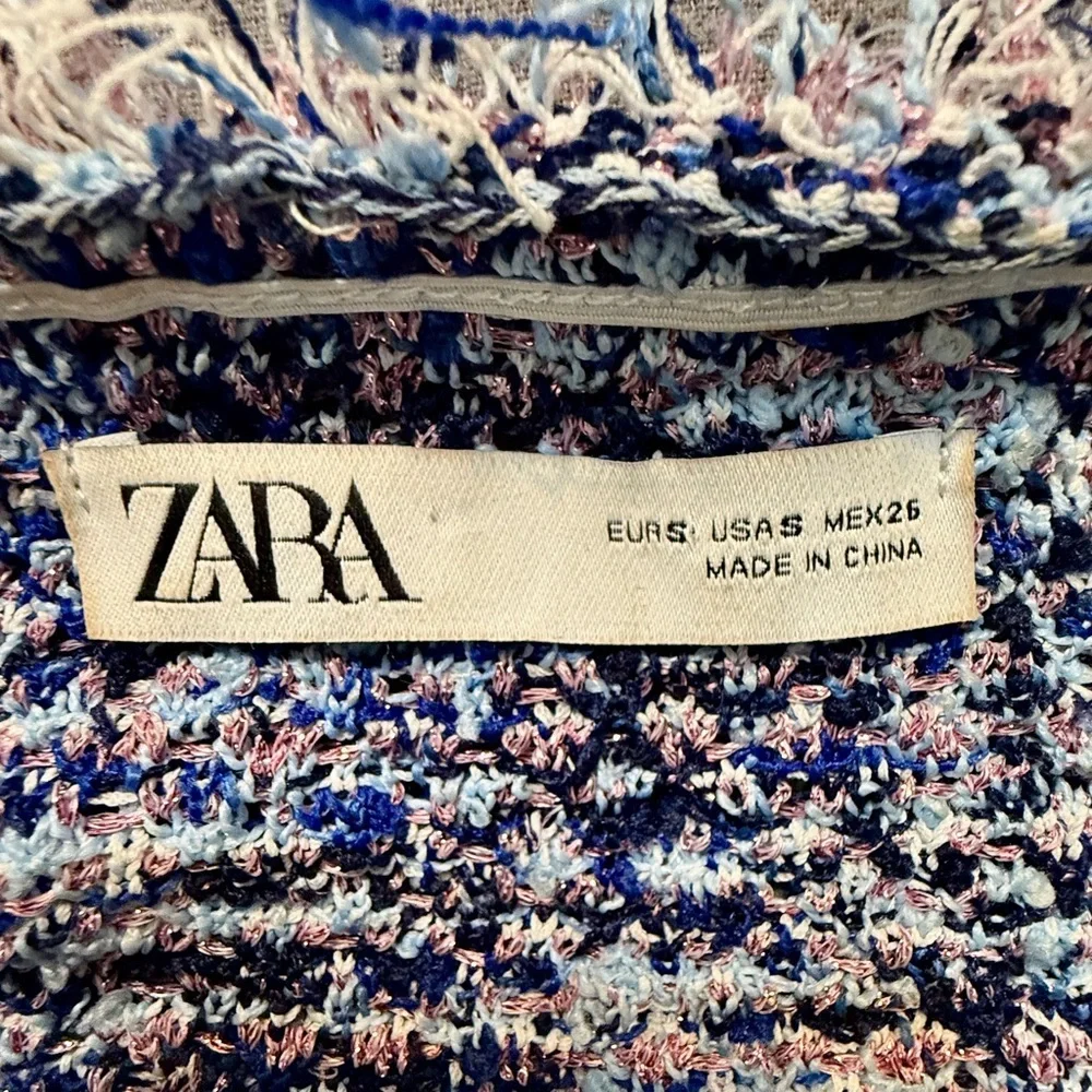 Zara Tweed Crop Top S Blue Pink Multi Off Shoulder Pearl Button Preppy Coquette